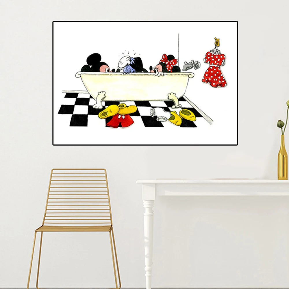 Mickey And Minnie Mouse Take A Bath Together Funny Poster In The Toilet Canvas Painting Bathroom Decoration | Дом и сад