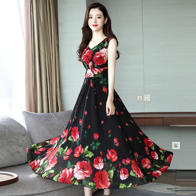 

Summer Print Floral Dress Casual Floral Women Dress Summer Sleeveless Ladies Beach Long Dress Rk #E