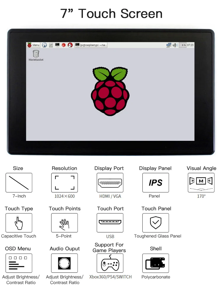 " HDMI lcd(H) экран дисплея с Чехол 1024x600 ips емкостный сенсорный экран lcd для Raspberry Pi BB