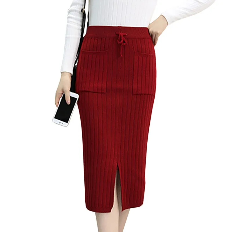 Women Autumn Winter Skirt Slit Bodycon Elegant Midi Pencil Skirt Casual Knitted Skirt High Waist Women Skirts