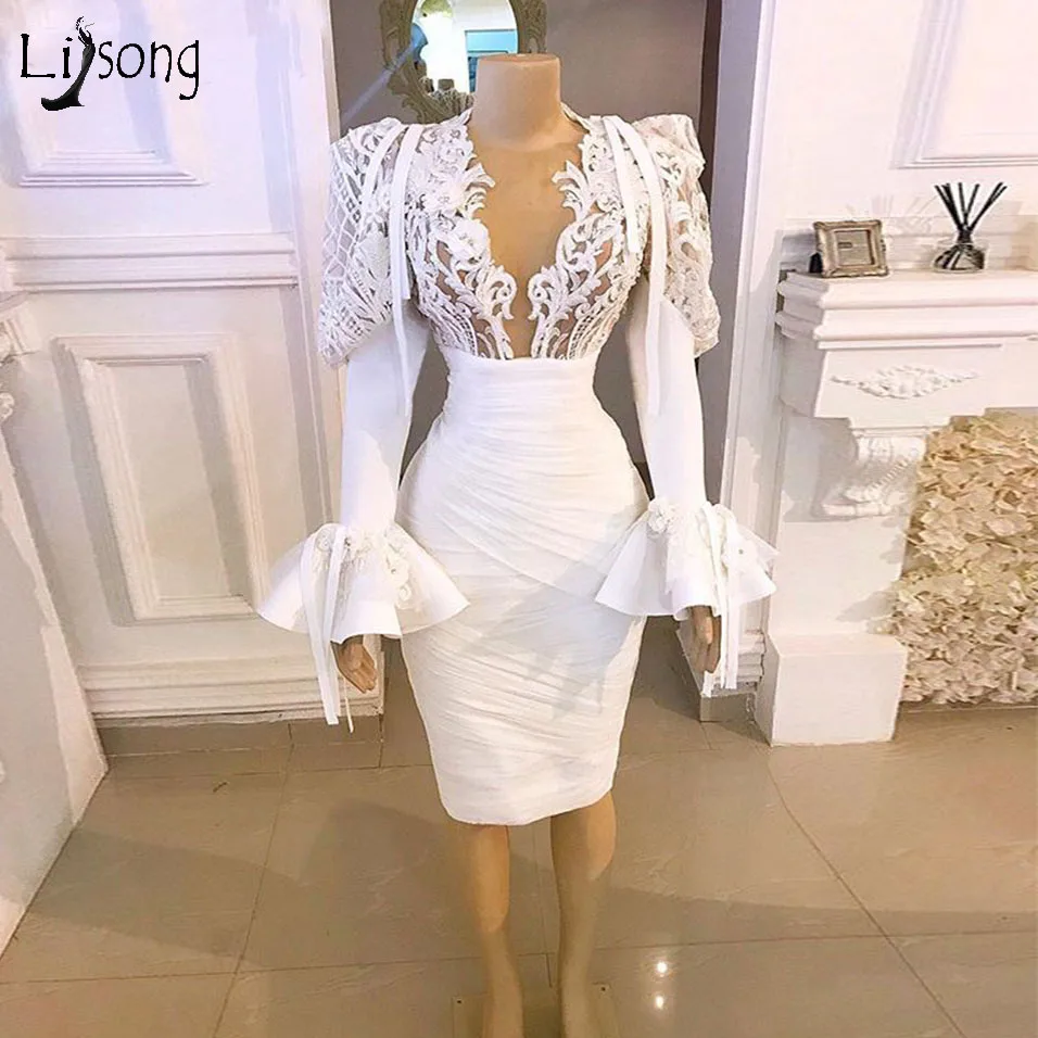 New Arrival Skinny Long Sleeve Elegant Vintage Lace Straight Short African Women White Chiffon Evening Dresses 2020