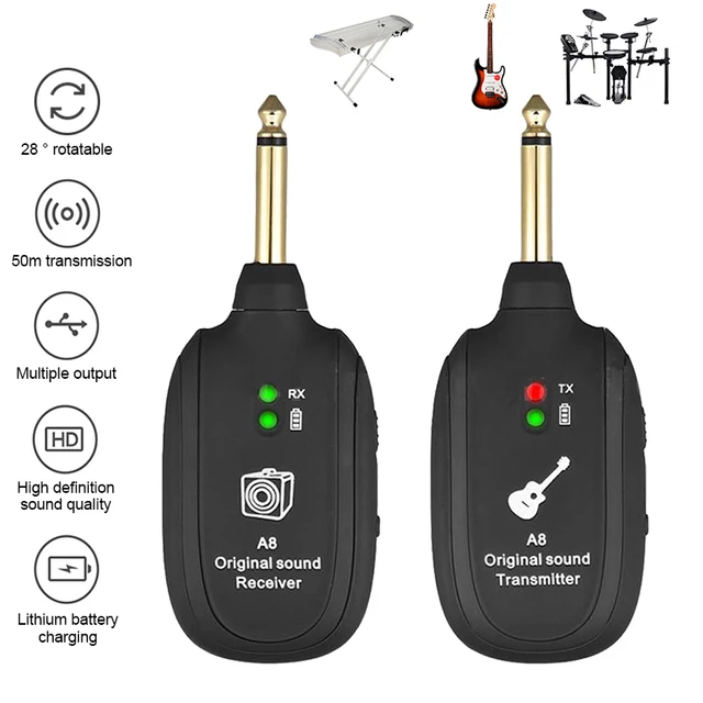 Wireless Guitar Transmitter A8 Wireless Guitar System 4 Channels Receiver Built-in Rechargeable for Electric Guitar Bass Violin