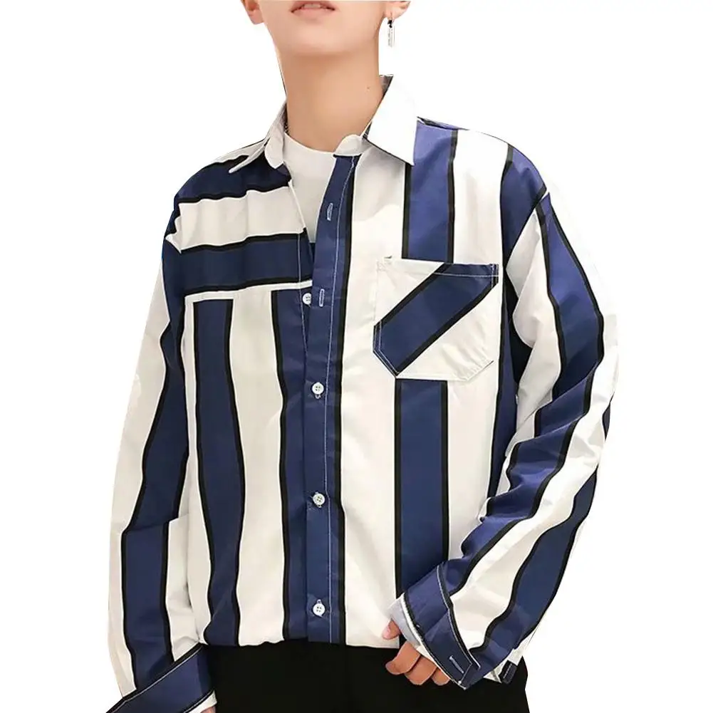 

Yfashion Fashion New Men Striped Shirts Long Sleeve Loose Casual Shirt Mens Tops Korean Style Shirts
