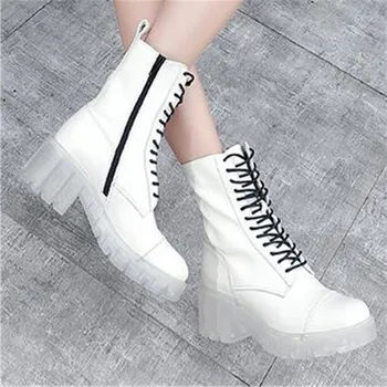 

2020 New Spring Short Boots Women Shoes Real Leather Platform Zip Ankle Boots Crystal Thick Heels Lace Up High Heel Boots White
