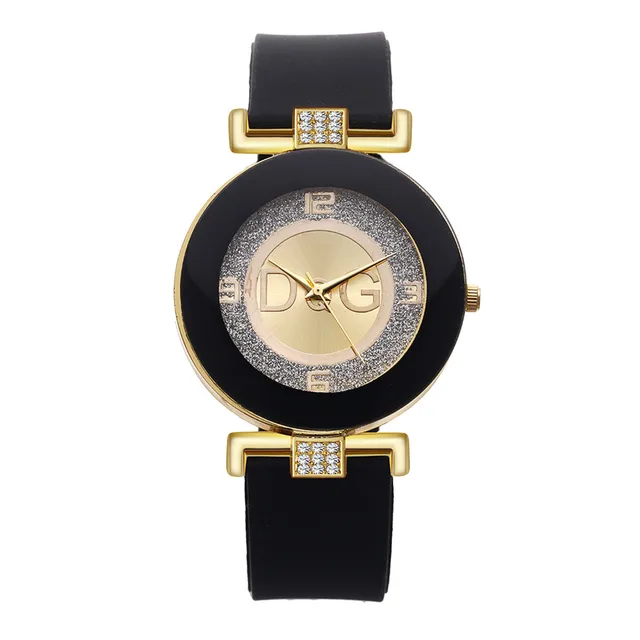 High Quality Dqg Brand Simple Crystal Fashion Quartz Female Watch Black Design Silicone Strap Large Dial Creative Fashion black