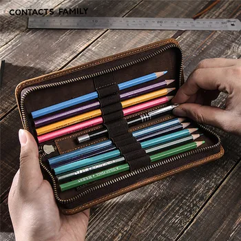 

11 Slot Handmade Leather Pencil Case Pen Bag Zipper Pouch Stationery Storage Box Portable Carrying Case