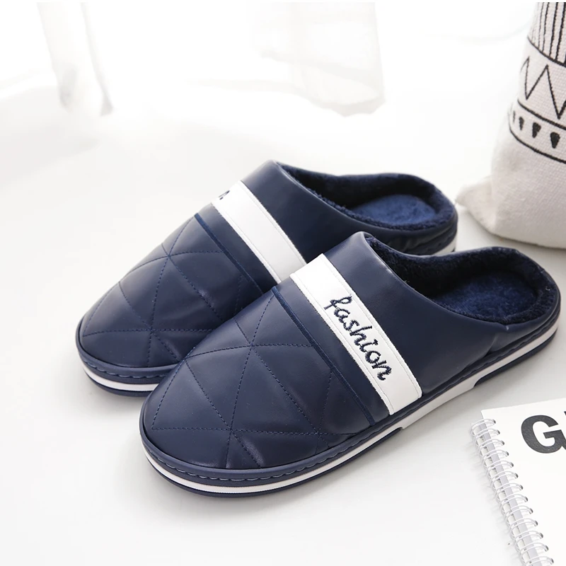 ZXWFOBEY Men's Women Warm Shoes Home Garden Shoes Fur Lined Slides Indoor Leather SlippersWinter Slipper Size 47 - Цвет: BLUE