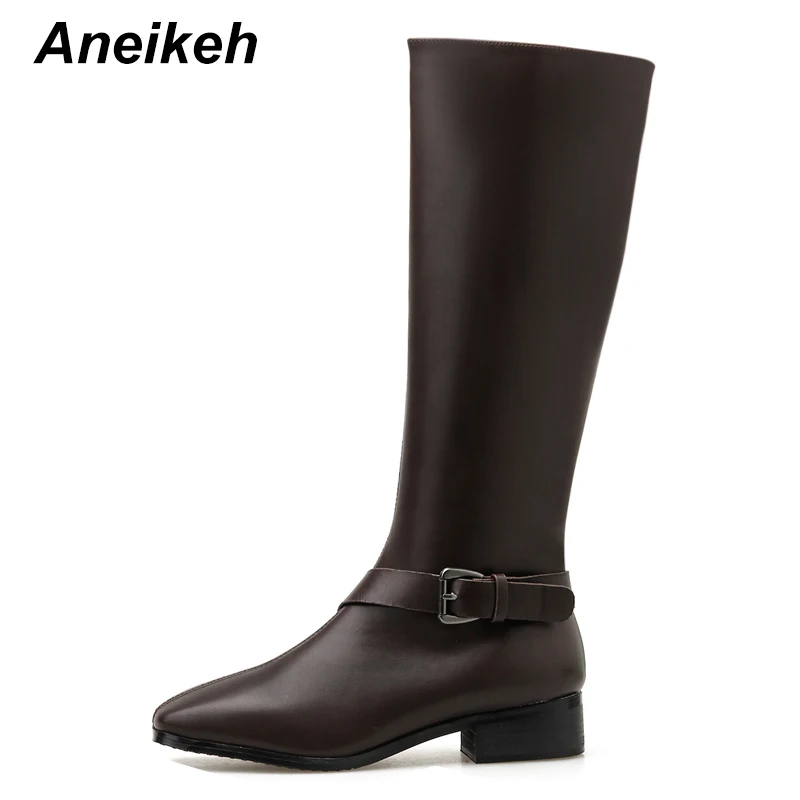 Aneikeh/сезон осень-зима; модные мотоциклетные сапоги до колена; женская обувь из искусственной кожи на квадратном каблуке; повседневная обувь на низком каблуке; botas muje
