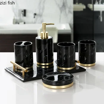 

Nordic Ceramics Wash Set Marble Grain Bathroom Five-piece Set with Tray Home Use Supplies Bathroom Decoration Accessories