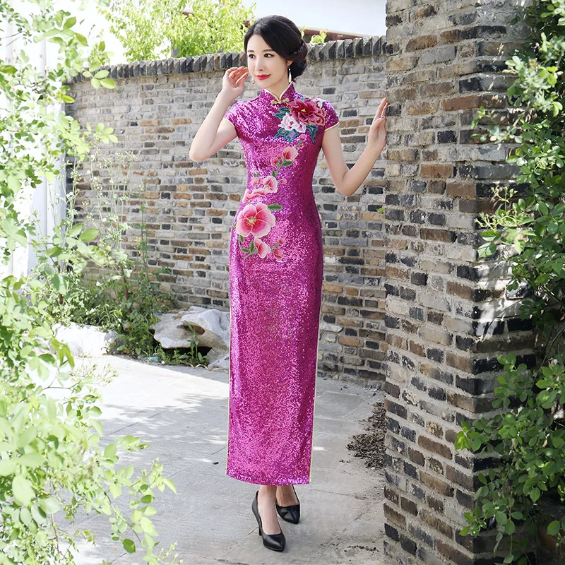 Китайский традиционный Чонсам лотоса блестки Cheongsam с коротким рукавом Cheongsam стройные Qipao показать Cheongsam Vestido плюс Размеры 5XL - Цвет: rose red