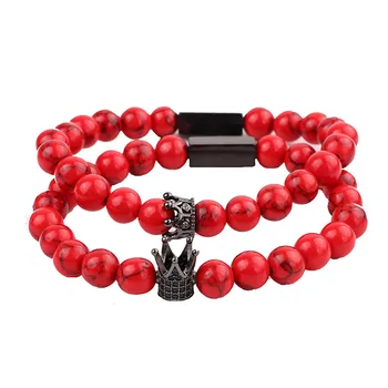 High Quality Natural Stone Couple Bracelet CZ Pave Crown Queen Charm Custom Text Elastic Bracelet Jewelry Women Men