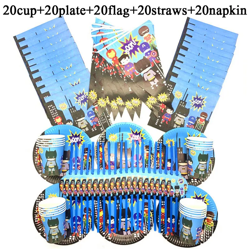cheap Batman Superhero Disposable Party Set 100pcs Kids Birthday Party Supplies Superhero Plates Cups Napkins Flag Straws 20people Use