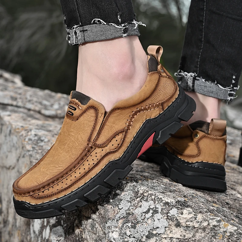 Men's Second Cowhide Fashion Casual Shoes Male Geniune Leather Handsewn Loafers Trendy Breathable Platform Leisure Big Head Shoe