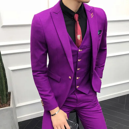 Модный мужской красочный модный мужской костюм, приталенный деловой костюм, смокинг, высокое качество, свадебное платье, мужской костюм, повседневная одежда для мужчин, 3XL, розовый цвет - Color: Purple 3-piece set