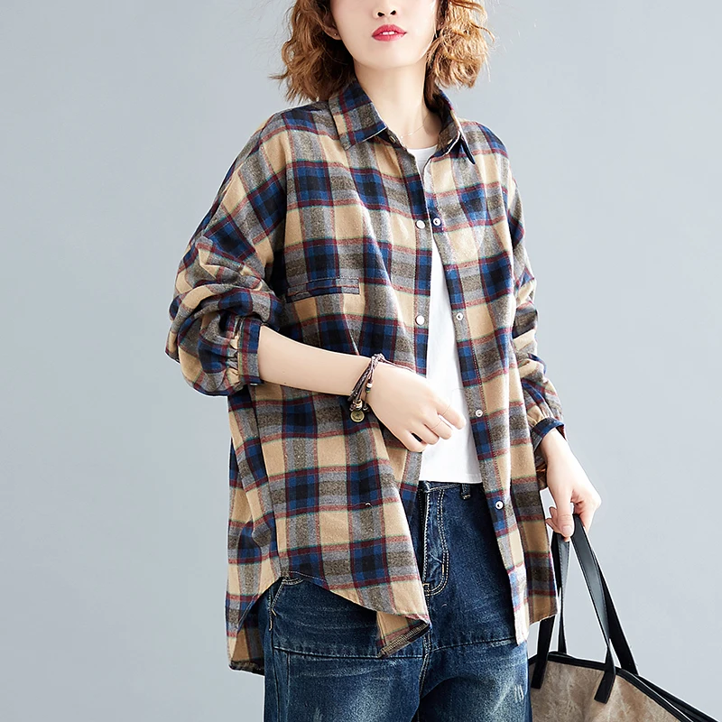

Casual Plaid Shirt Blouse Blusas Feminino Women's spring and autumn Large Size loose women's Tops thin Cardigan coat