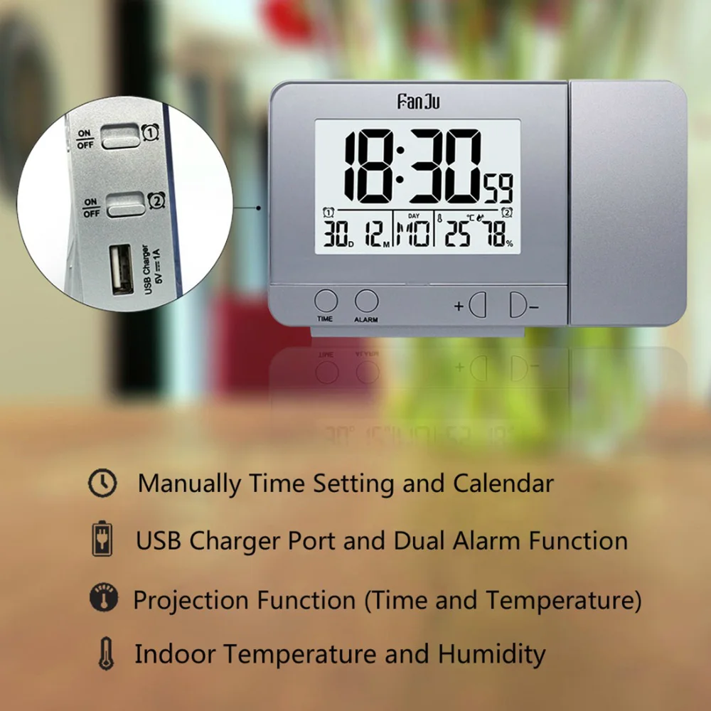  MultiFunction Projection Alarm Clock Digital Date Snooze Function Backlight Projector Desk Table Le