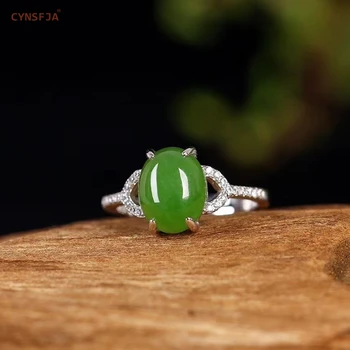 

CYNSFJA New Real Certified Natural Hetian Jasper Nephrite 925 Sterling Silver Luck Amulet Green Jade Ring High Quality Best Gift