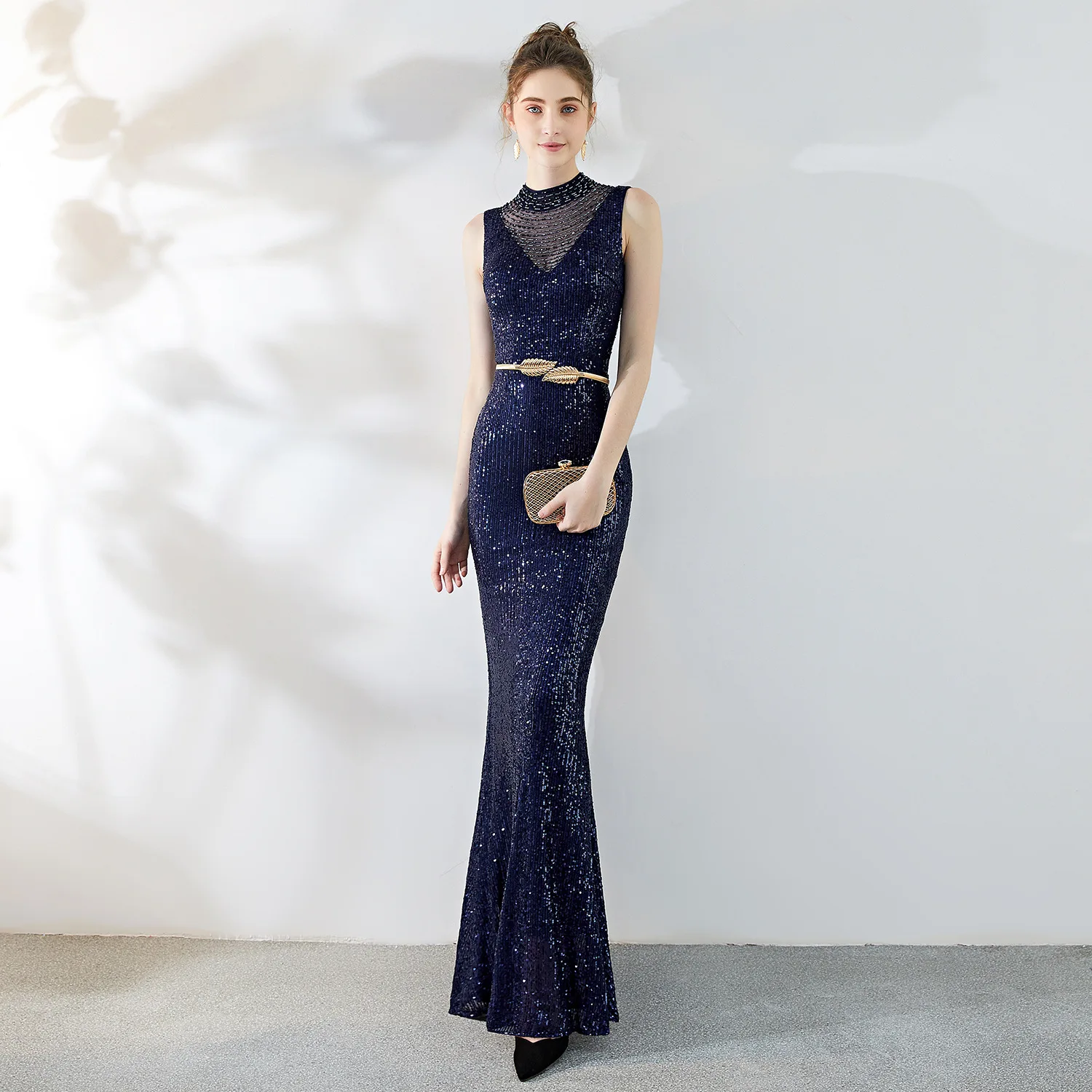 

Sexy Sequined Evening Dress Round collar Sleeveless evening gown Mermaid Long evening Dresses Party noble Formal Dress