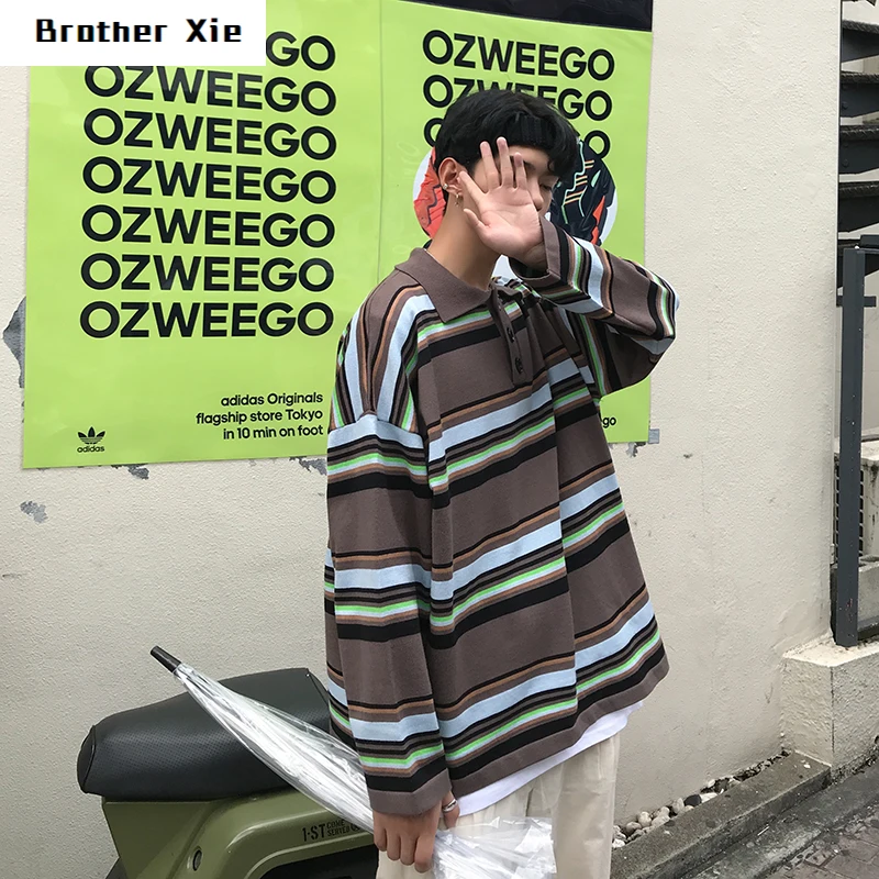

Winter Striped Sweater Men Warm Fashion Contrast Color Casual Knit Lapel Pullover Man Loose Long-sleeved Sweater Male Clothes