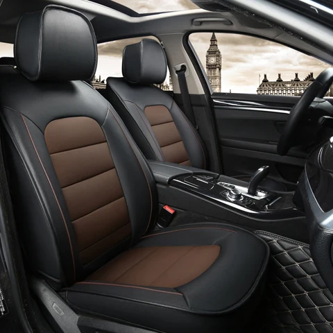 AUSFTORER чехлы для сидений из воловьей кожи на заказ для Volkswagen VW Atlas чехлы для сидений автомобиля 7 сидений защитные аксессуары - Название цвета: Black X Coffee