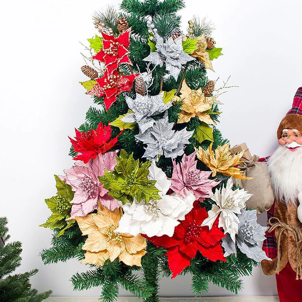 25# искусственные цветы для украшения Блеск Poinsettia поддельные цветы DIY домашние свадебные декорации цветок голова Рождественская елка Декор