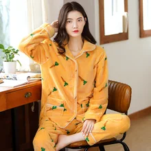 2021 New Warm Flannel Women Pyjamas Sets Thick Coral Velvet Long Sleeve Cartoon Sleepwear Thin Flannel Pajamas Set Autumn Winter