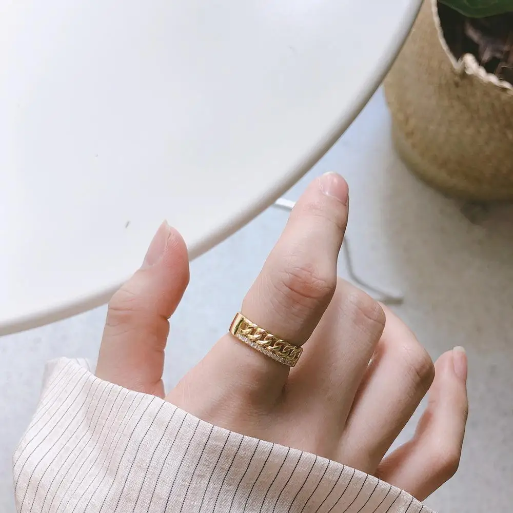 

1pc INS 100% real. Authentic 925 Sterling silver Golds curb Chain &zirconia hip hop set double rows Ring Fine jEWELRY TLJ723