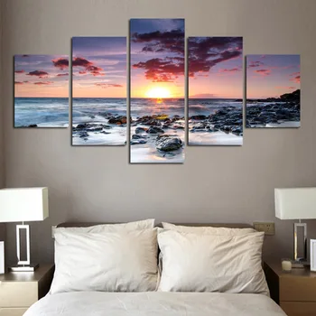 

New The Sunset Seaside Landscape Five Pieces Modern Poster Oil Canvas Paintings Wall Art Office Pictures For Living Room Home De