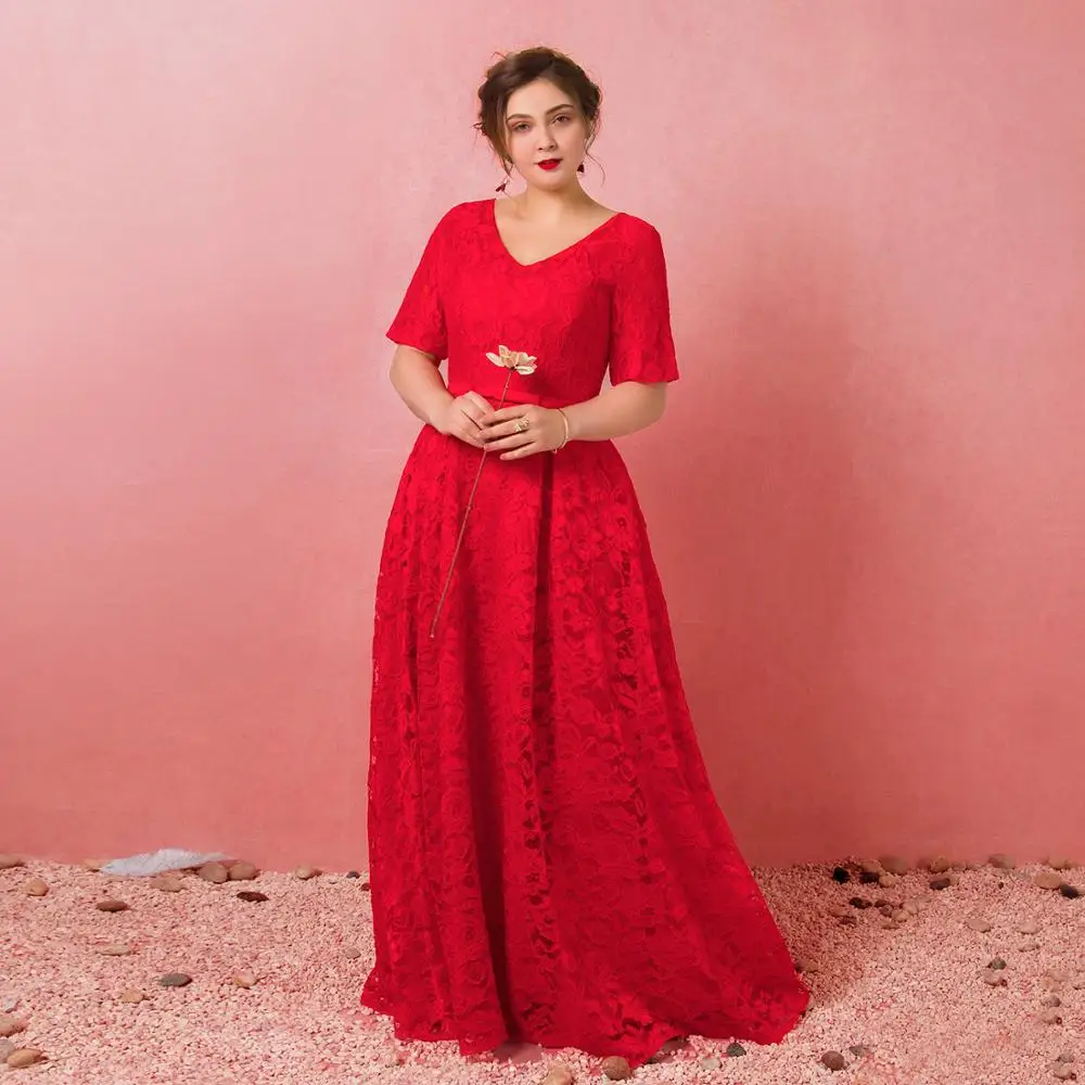 

Evening Dresses A-line Red Lace Dress Lace-up Floor Length Wedding Guest Party Gowns Long Prom Dress