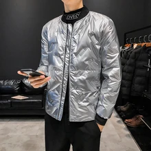 YASUGUOJI, английский стиль, приталенный пуховик, Мужская Уличная одежда, пальто из искусственной кожи для мужчин, модная зимняя яркая серебристая мужская куртка