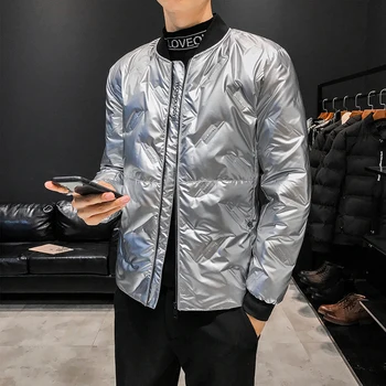 

YASUGUOJI England Style Slim Fit Down Jacket Men Streetwear Pu Leather Coats for Men Fashion Winter Bright Silver Man Jacket