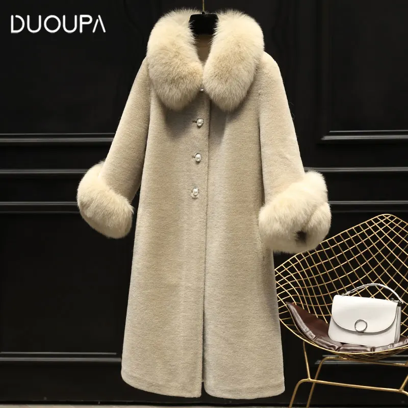 

DUOUPA 2019 New Fashion Women's Granules Sheep Skin Suede Fur Coat Ladies Long Coat One Fox Fur Elegant Temperament Coat Female