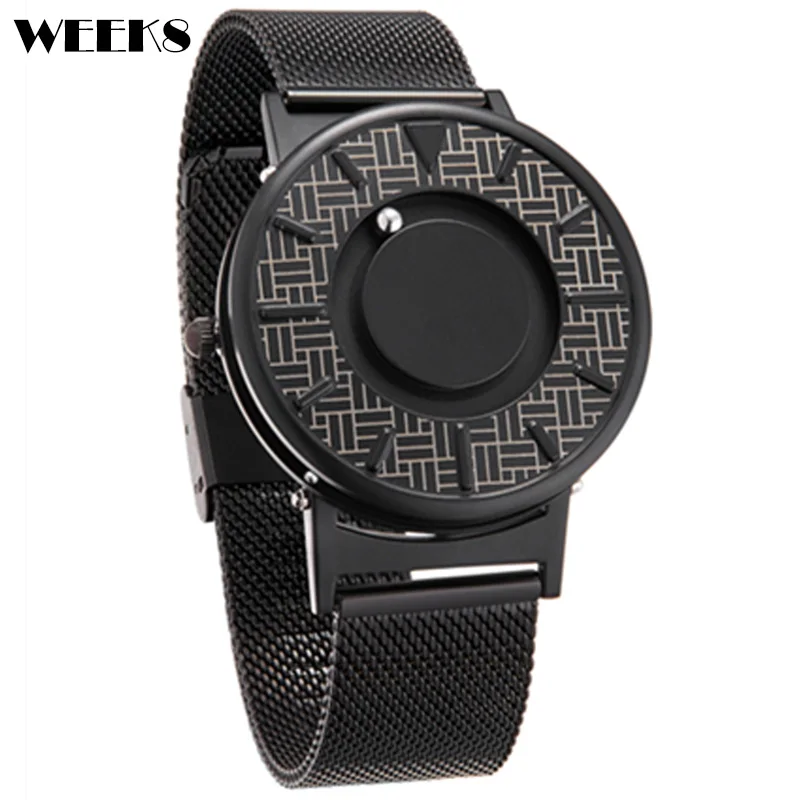 Cool Man Watch Full Black Stainless Steel Men's Sports Quartz Wristwatch Minimalist Magnetic Bead Pointer Creative Dial Reloj