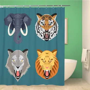 

Bathroom Shower Curtain Africa of Wild Animal Faces Lion Elephant Tiger Polyester Fabric 72x72 inches Waterproof Bath Curtain