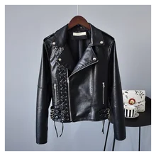 Womens Leather Jacket 2021 Autumn Lace-up Rivet Suit Collar Waist Belt Fashion Motorcycle Black Short Coat PU Faux Leather