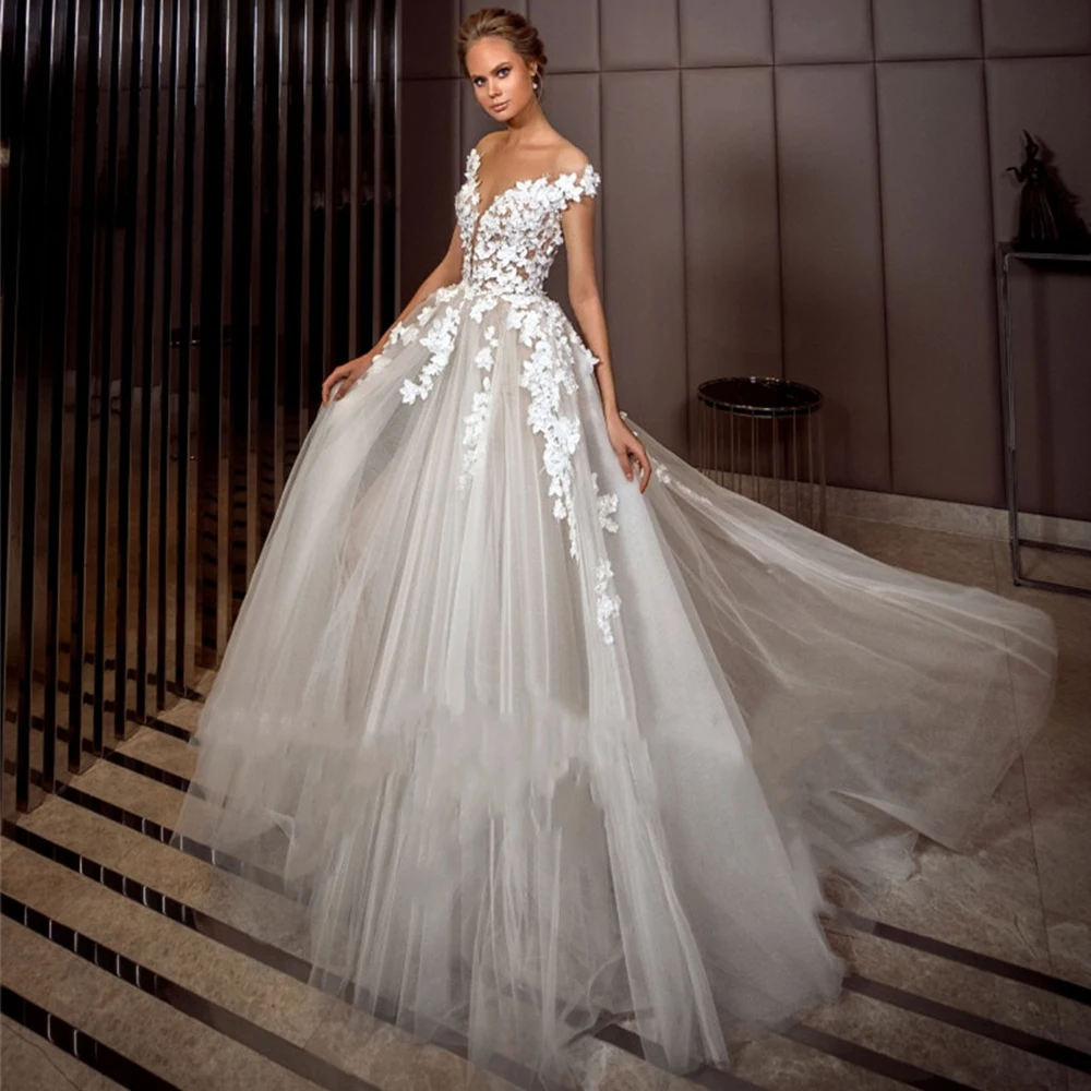 

Женское свадебное платье в стиле бохо, элегантное Тюлевое платье трапециевидной формы с V-образным вырезом, кружевной 3D аппликацией, открытыми плечами и открытой спиной, оформление под заказ