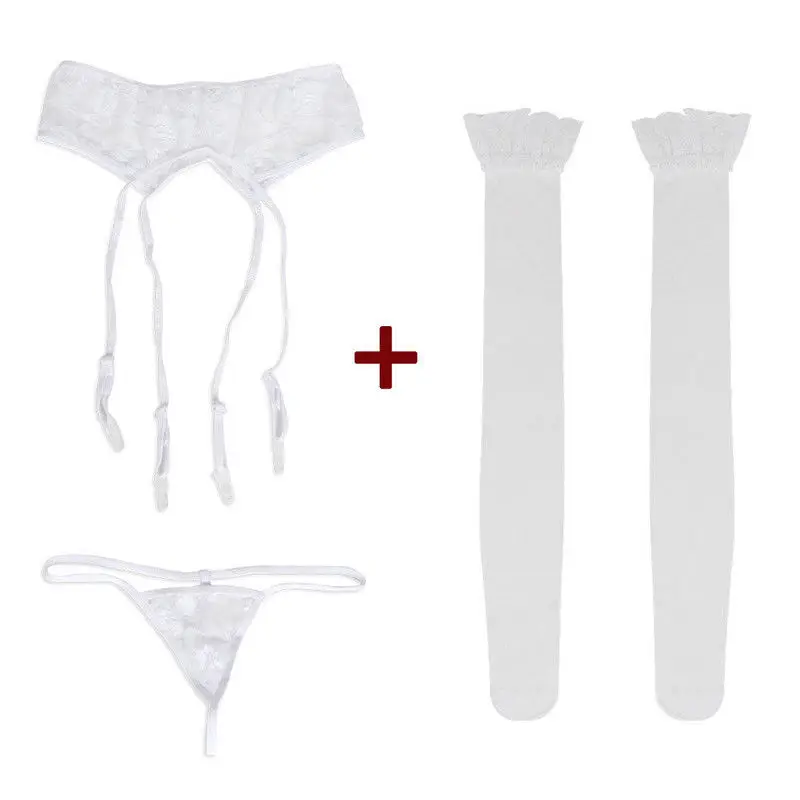 Sexy Women Lace Fishnet Long Stockings Thigh High with Temptation Suspender Garter Belt Underwear Kawaii Lingerie Set