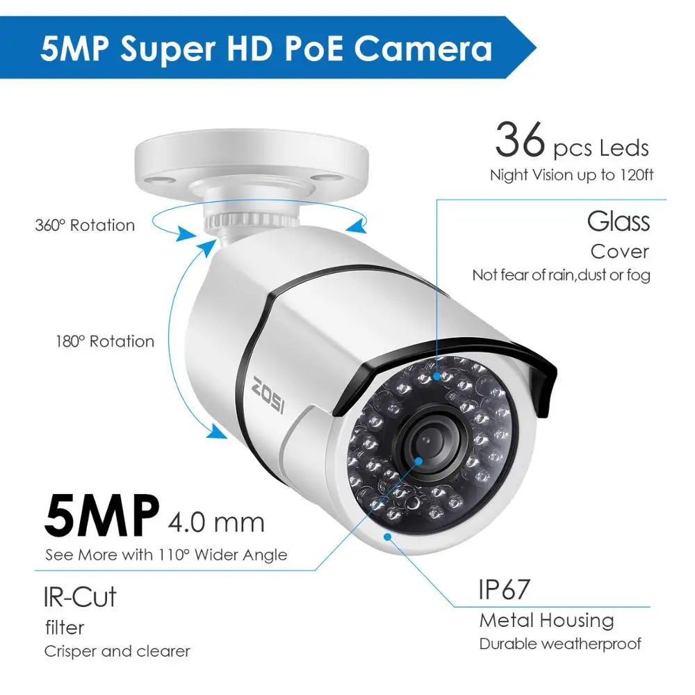 ZOSI H.265 8CH 5MP POE Security Camera System Kit 8PCS 5MP Super HD IP Camera Outdoor Waterproof CC - 4.00008E+12