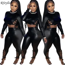 

RStylish Two Piece Set Sexy Club Outfits For Women Fall Winter Black PU Leather Bandage Long Sleeve Crop Top Pant Suits