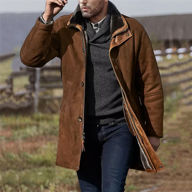 Autumn Winter Men's Coat Vintage Casual Solid Zipper With Pocket Lapel Medium Length Thick Warm Wind-proof Loose Overcoat