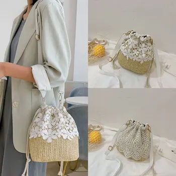 

2020 Summer New Small Straw Bucket Shoulder Bag Lace Flower Decors Handmade Chic Beach Handbags Women Messenger Crossbody Bags