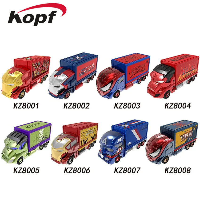 

8PCS ONE SET Super Heros Alloy Car With Plastic Packaging Building Blocks Bricks Figures Model Children Gift Toys KZ8001-KZ8008