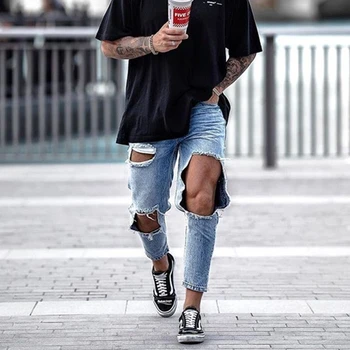 

OLOME Destroyed Ripped Jeans for Men Big Hole Sky Blue Men's Fashion Streetwear Hip Hop Jeans Men Stretch Pencil Jean Pants