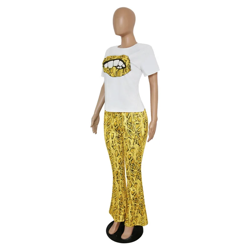 UIDEAZONE Leopard Mouth Print Women Two Piece Set Casual O Neck Pullover T Shirts Flare Pants Ladies 2Pcs Sets 2 Pieces Suits