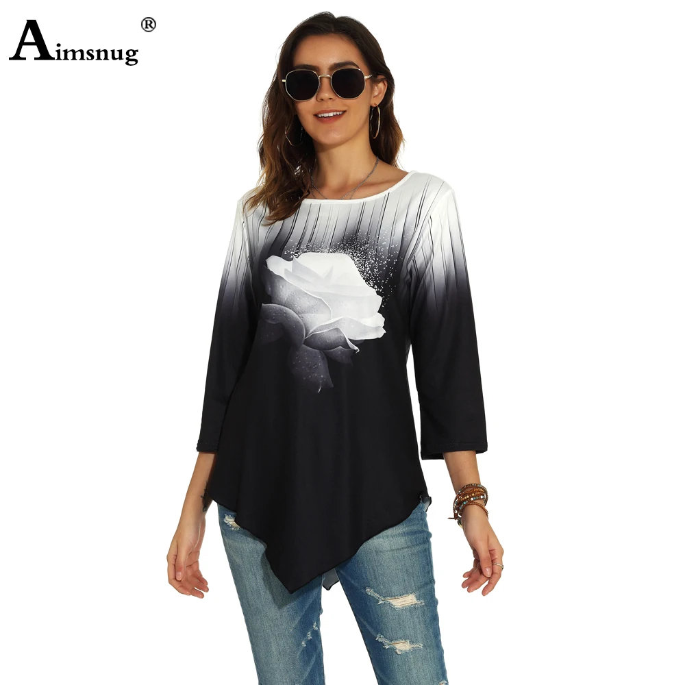 

Plus size 4xl 5xl Women New Autumn Three-dimensional printing Tops Nine Points Sleeve Elasticity Female T-Shirt Casual Loose