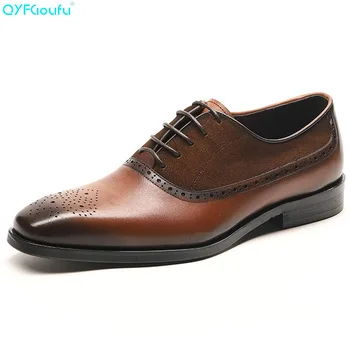 

QYFCIOUFU Genuine Cow Leather Square Toe Splice Men Party Shoes Designer Dress Shoes Black Brown Lace-up Fashion Italian Shoes