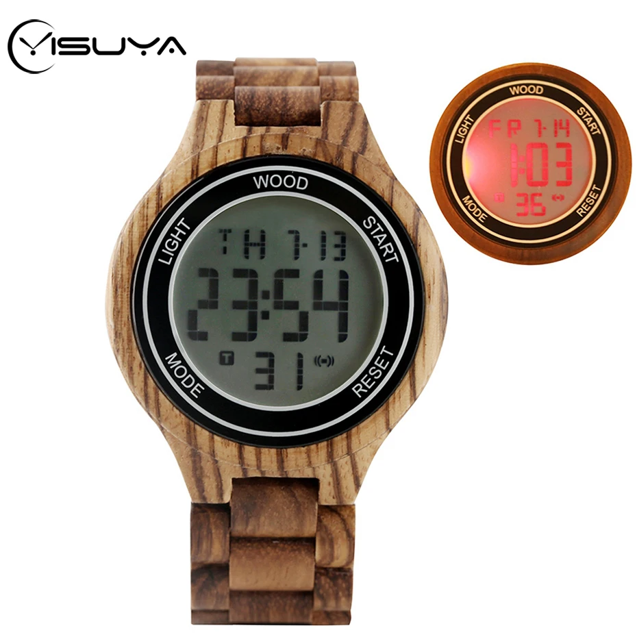 

YISUYA Creative Wood Watch Electronic Watch for Men Unique Digital LED Display Full Wooden Bangle Watch Premium Wood Wristwatch