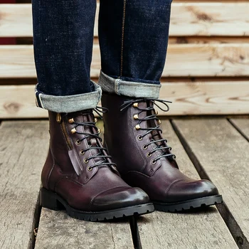 

High Quality Man Handmade Laces Cap Toe Military Shoes Genuine Leather Round Toe Men's Motorcycle Riding Ankle Boots NHS273