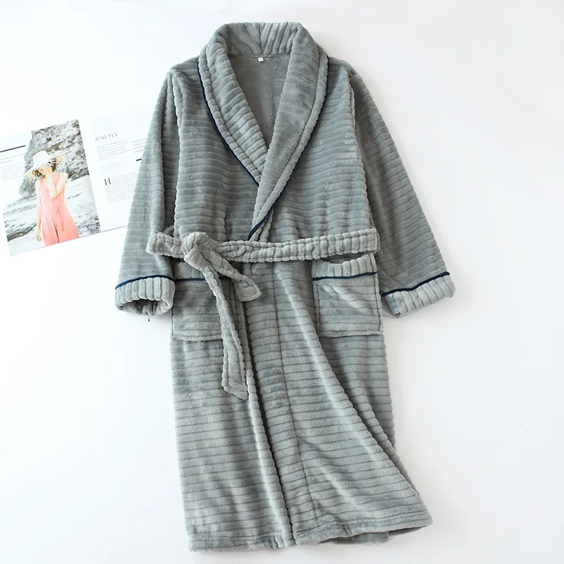 Зимние фланелевые халаты для пар качественные плотные коралловые бархатные кимоно для женщин и мужчин мягкий теплый халат с длинными рукавами - Цвет: Men grey