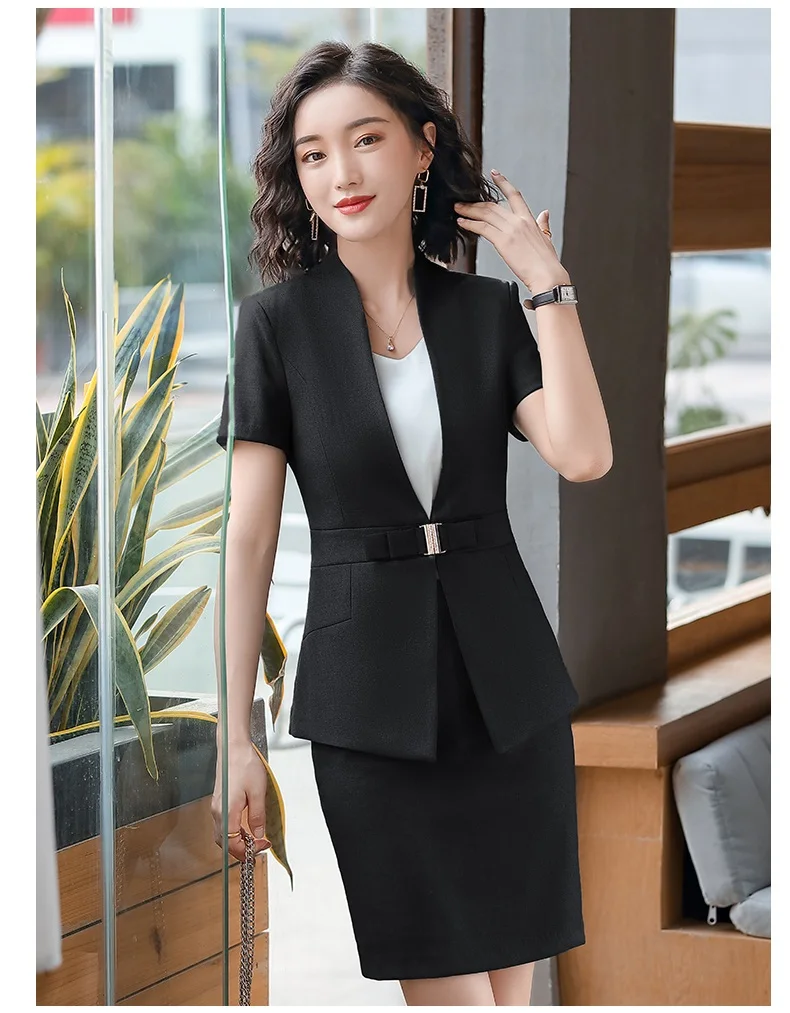 Female Elegant Formal Office Work Wear 2020 Summer Ladies Black Blazer Women Business Suits with Skirt and Jacket Sets Uniform